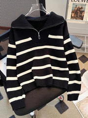 Striped Polyester Pullover with Lapel Collar for Casual Wear