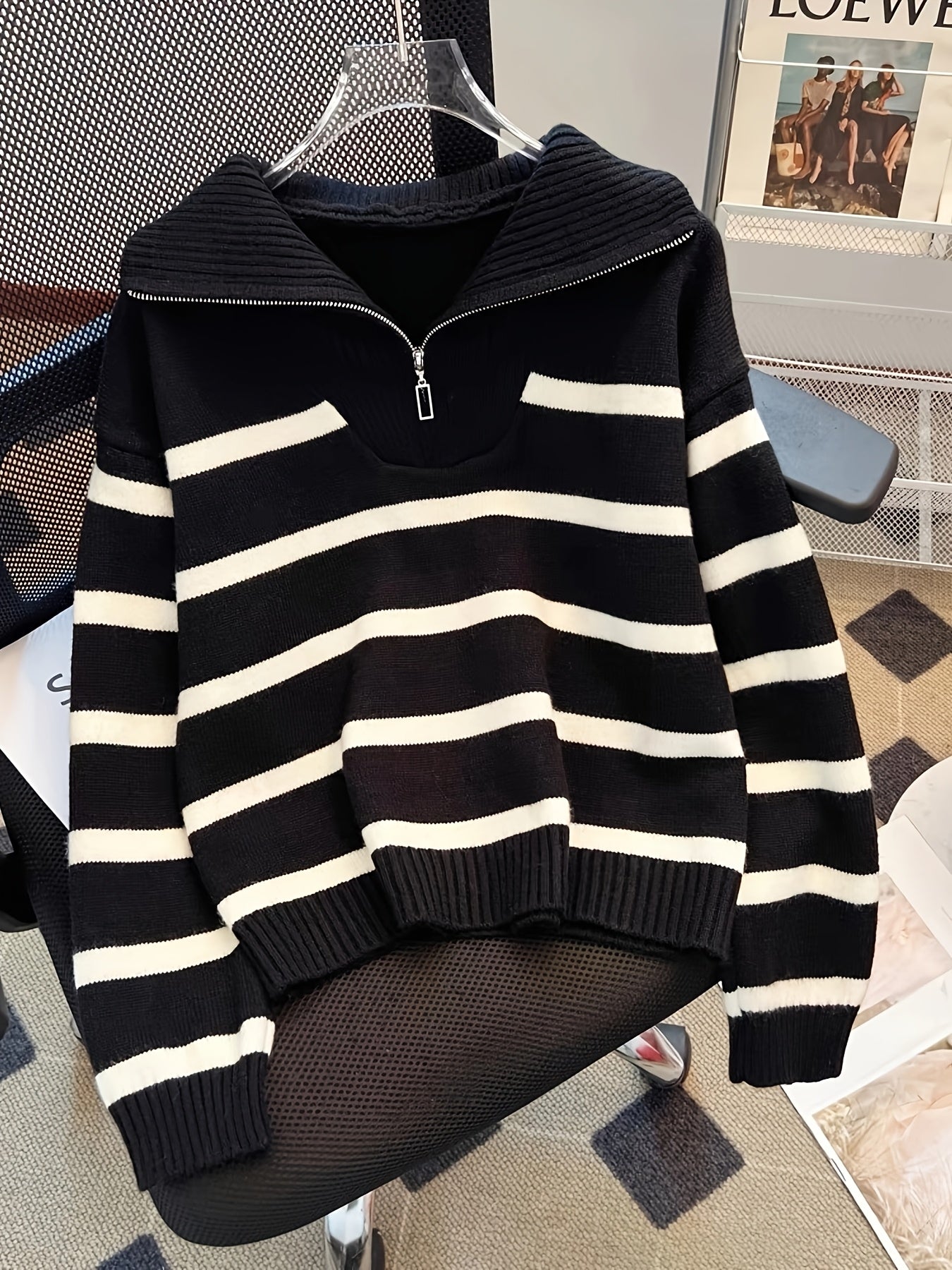 Striped Polyester Pullover with Lapel Collar for Casual Wear