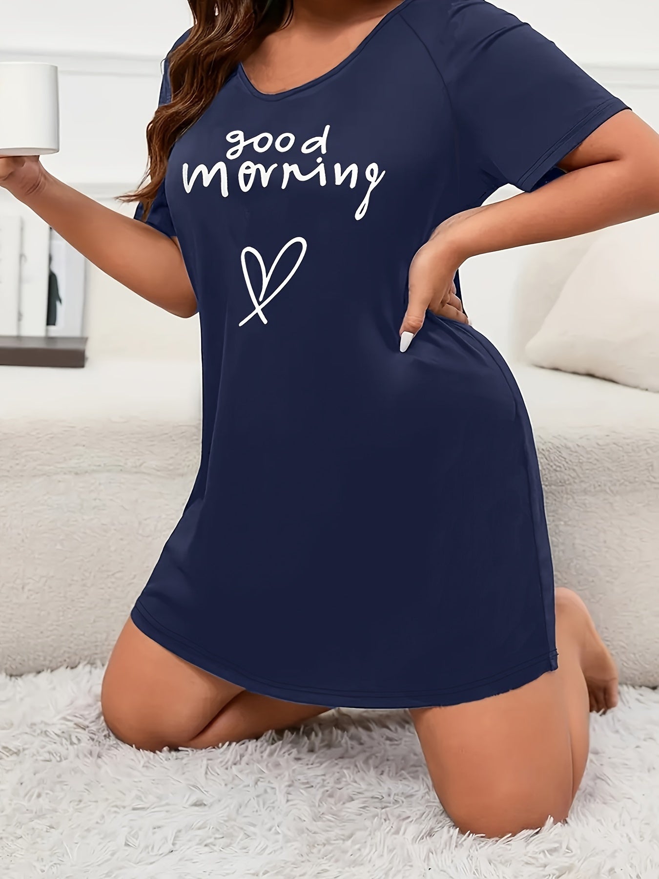 Plus Size Navy Blue Short Sleeve Sleep Dress Lounge Nightgown All-Season