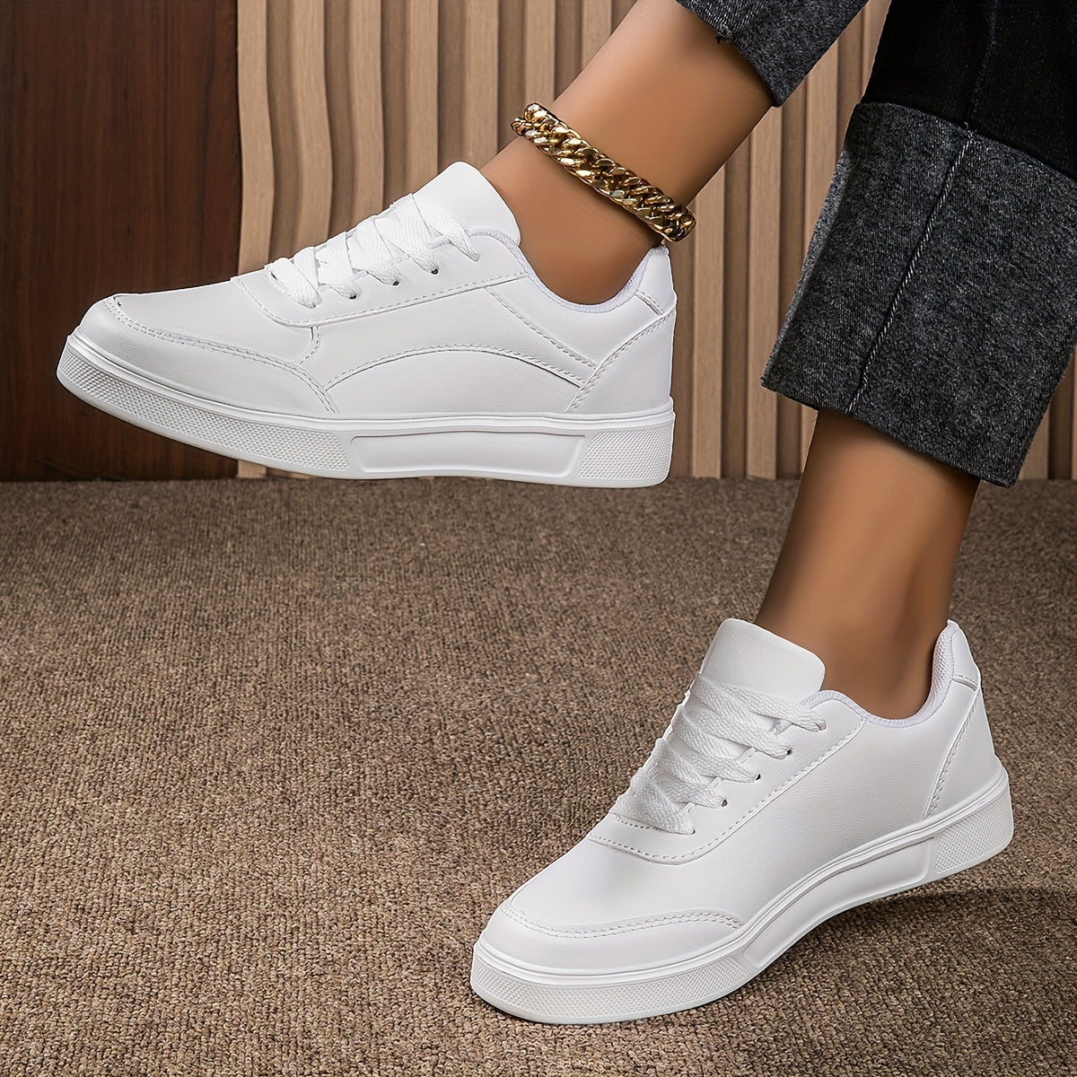 White Lightweight Casual Sneakers for Men with Round Toe and Lace-Up Closure