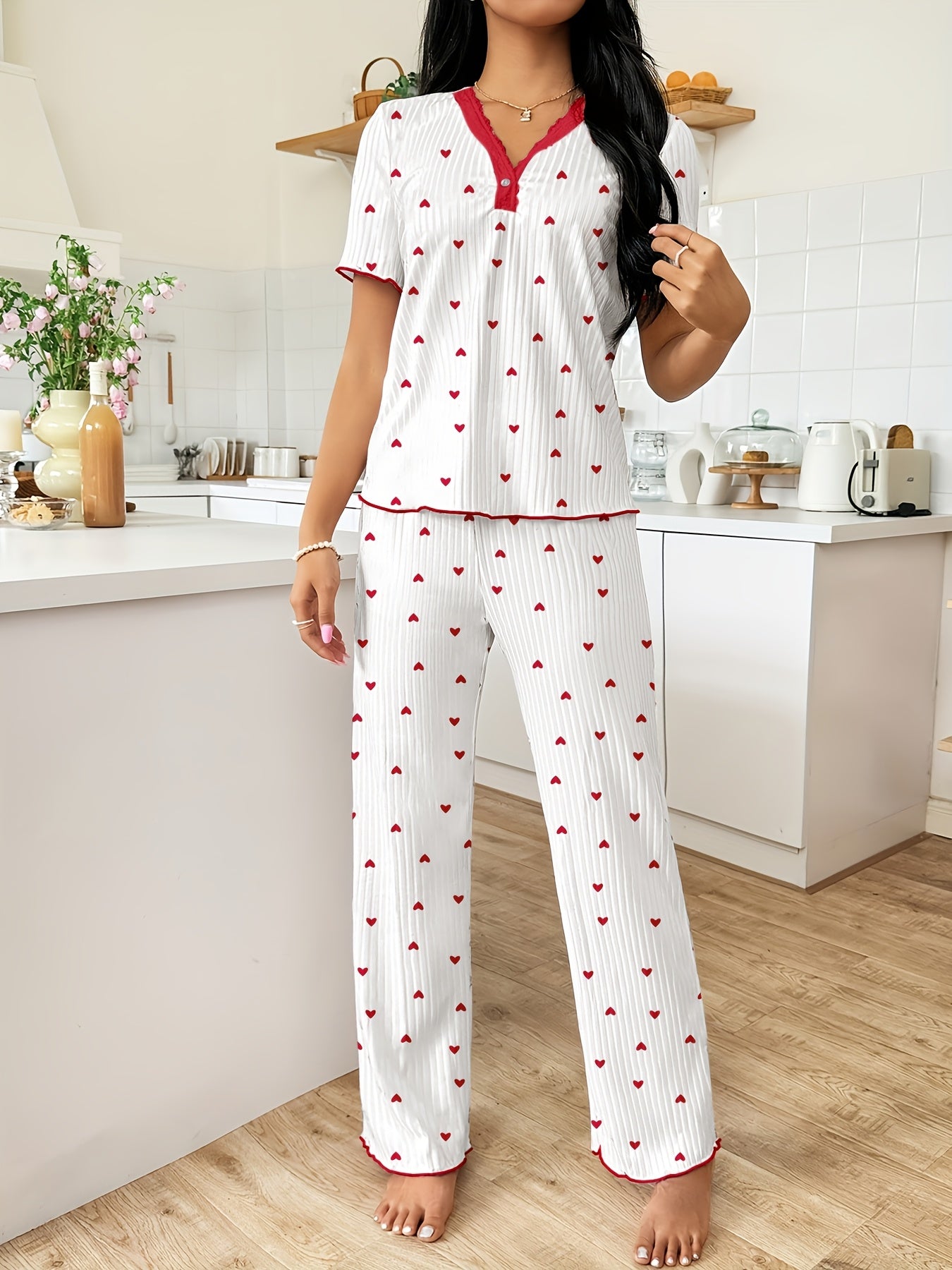 Conjunto de pijama para mujer con estampado de corazones y cerezas, cuello en V, encaje, pantalones largos, poliéster, ropa de dormir