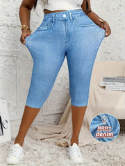 Women's Plus Size Stretchy Slim Fit Capri Pants Light Blue High Waisted