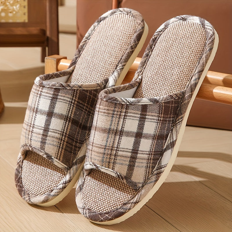 Linen Plaid Slip-On Slippers for Home and Travel Non-Slip Lightweight Casual