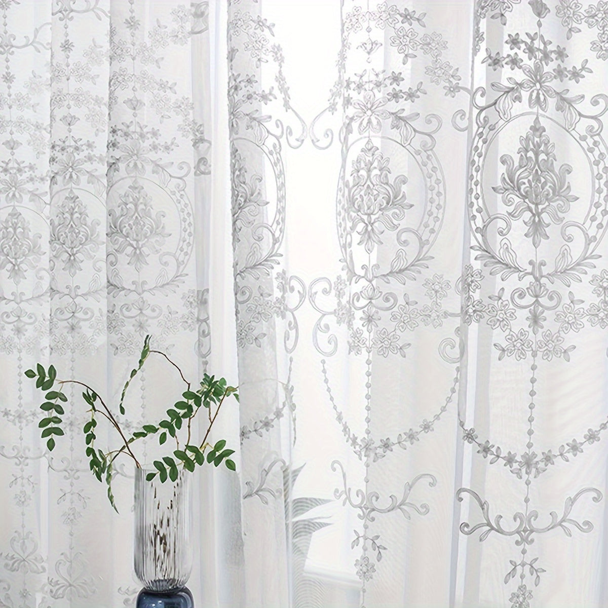 White Sheer Curtain with Geometric Flower Embroidery, Rod Pocket for Living Room Bedroom