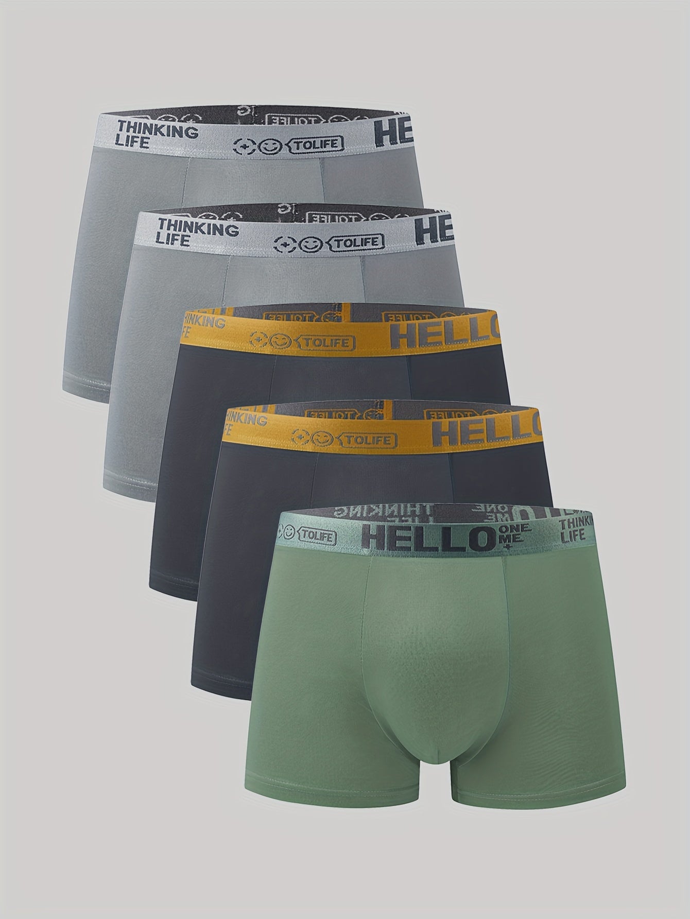 5 dona Erkaklar uchun Boxer Briefs 'Hello' Print bilan - Havo o'tkazuvchi, Qulay va Yuqori cho'ziluvchan, Tez quriydigan Sport Trunks, Turli ranglarda, Elastik bel va bilaklar, Polyester/Spandex aralashmasi