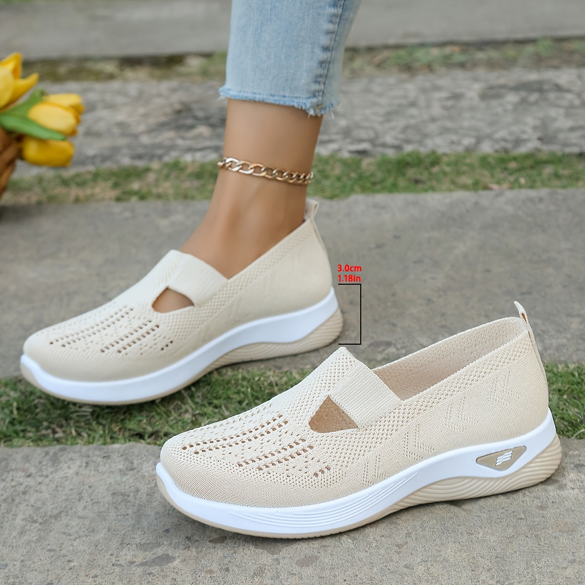 Women’s Breathable Knit Slip-On Flats Casual Walking Shoes White Black Sole