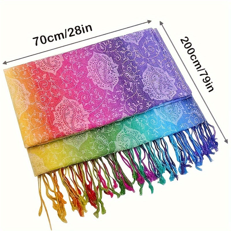 Colorful Boho Chic Tassel Scarf Rainbow Gradient Satin Wrap for Women