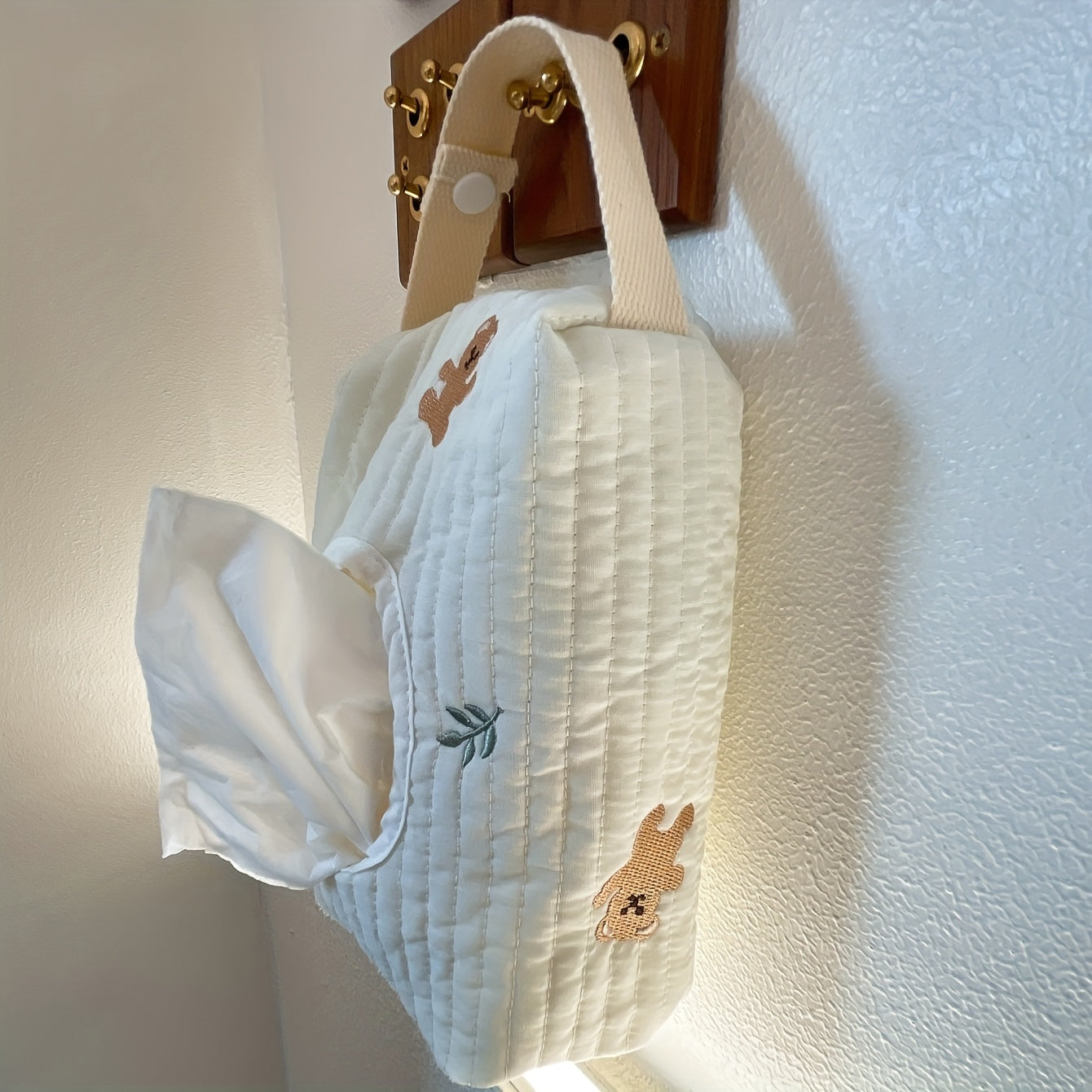 Beige Embroidered Wet Wipes Dispenser Hangable for Diapers Strollers Travel