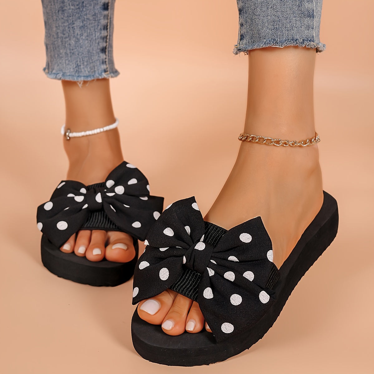 Women's Thick-Soled Floral Flip-Flops with Bow Non-Slip Beach Sandals