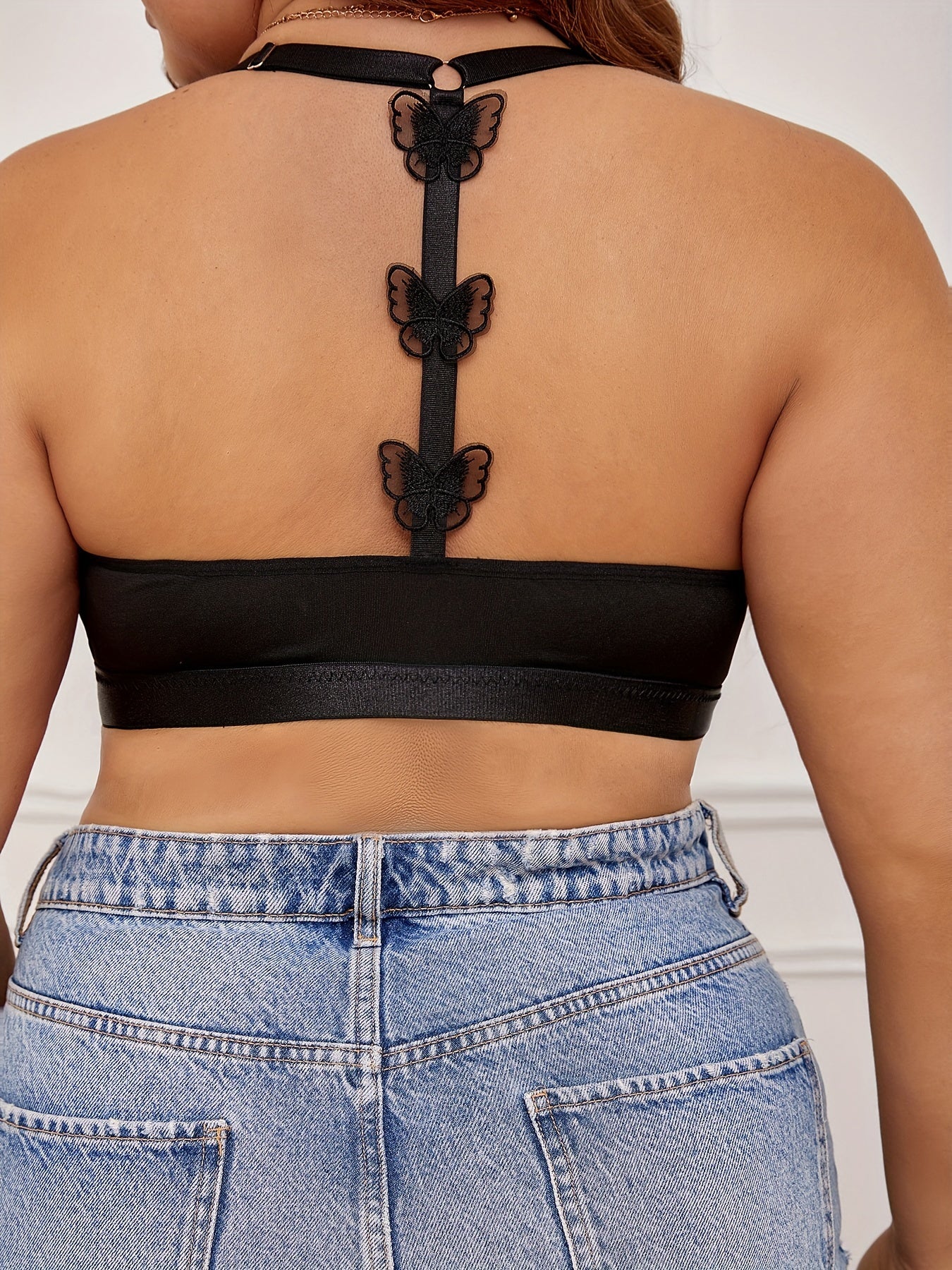 Women's Plus Size Erotic Lace Cross Strap Halter Bra with Butterfly Appliques