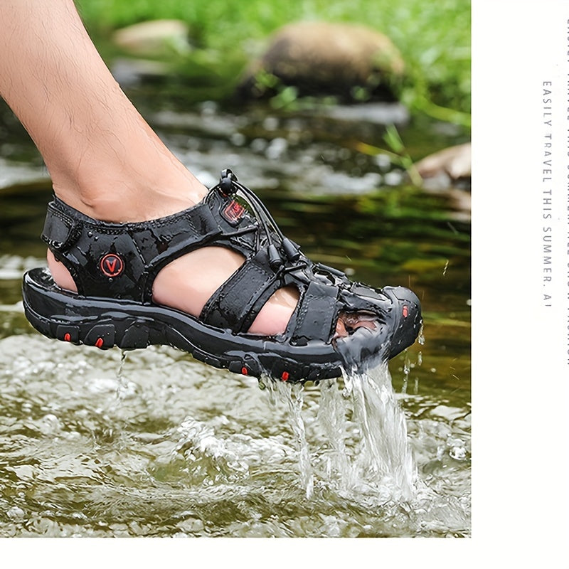 Men's Summer Leather Sandals Breathable Non-Slip Hiking Beach Casual Outdoor Adjustable Laces