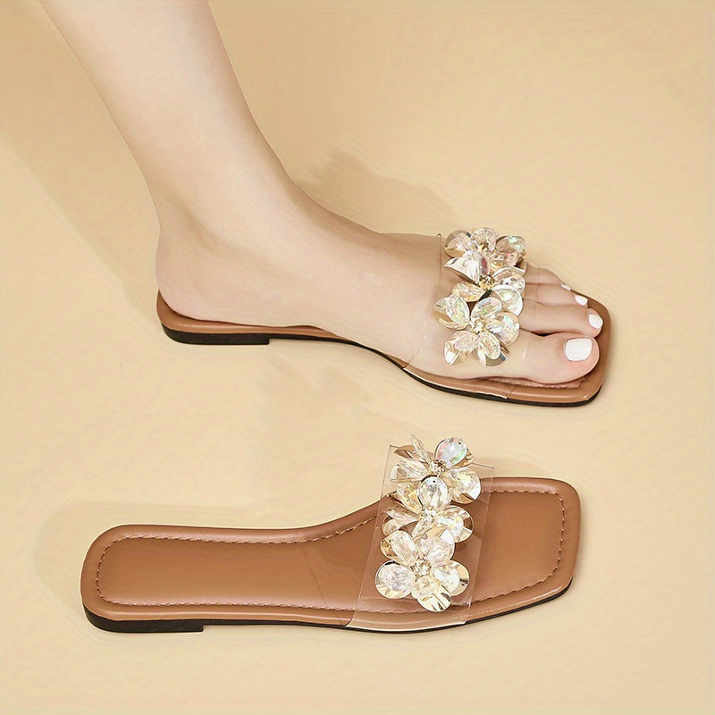 Women's Rhinestone Floral Slip-On Sandals with Square Toe and Flat Soft Sole