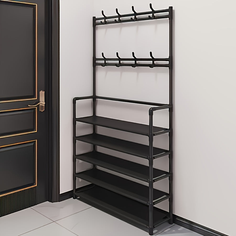 Iron Storage Organizer with 8 Dual Hooks Shoe Rack Coat Hanger for Living Room Bathroom Hallway