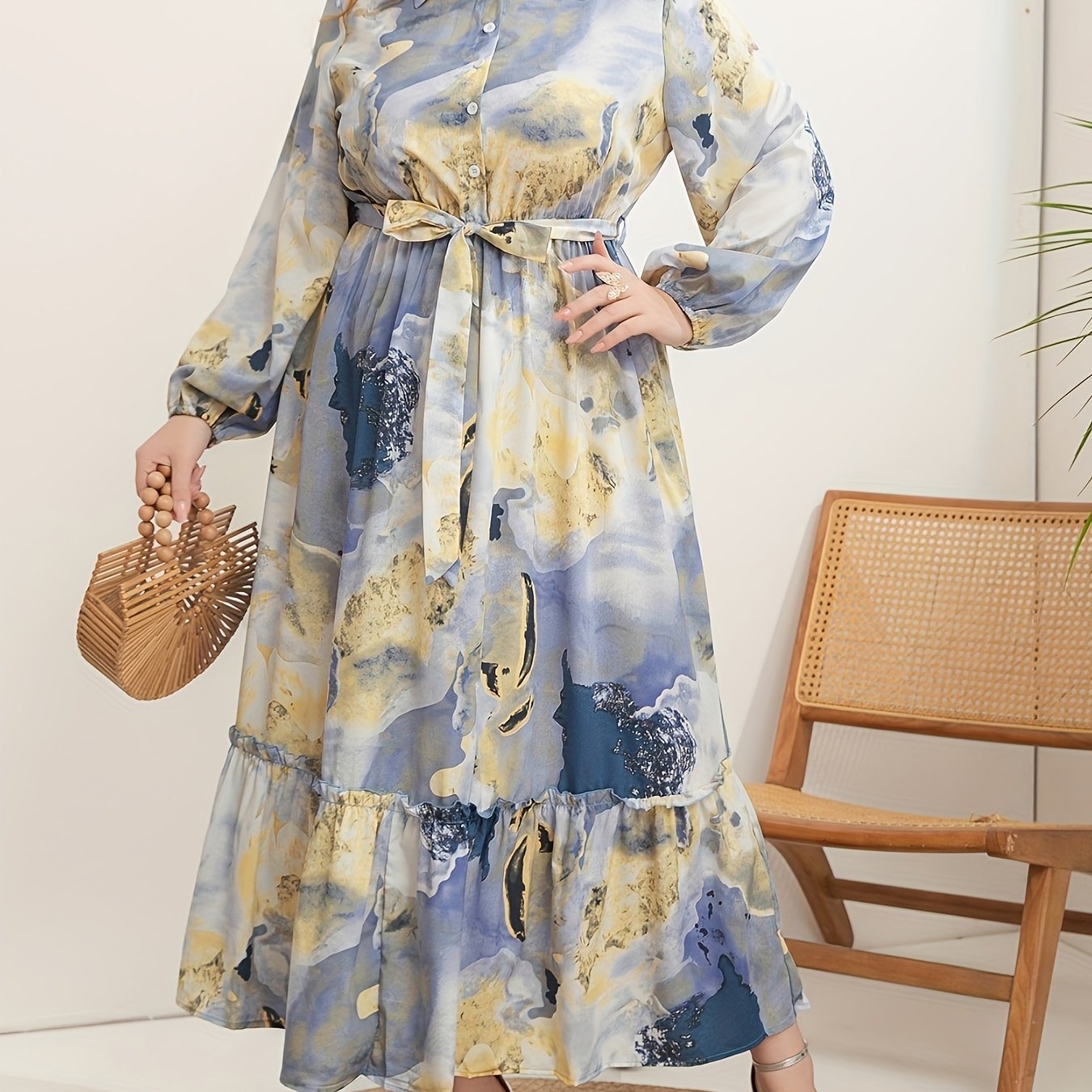 Plus Size Marble Print Dress for Women Long Sleeve Belt Ruffle Hem All-Season Fashion