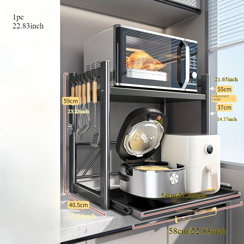 Soporte de microondas de metal con cajón y estantería abierta para almacenamiento en la cocina