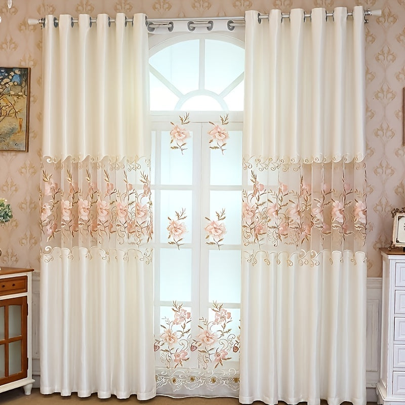 Pink Floral Embroidered Sheer Curtain for Living Room and Bedroom 1 Piece