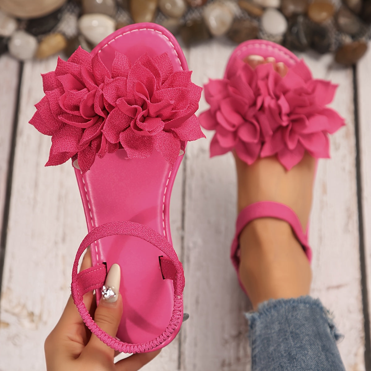 Women's Plus Size Flat Sandals with Elastic Lotus Flower Open Toe