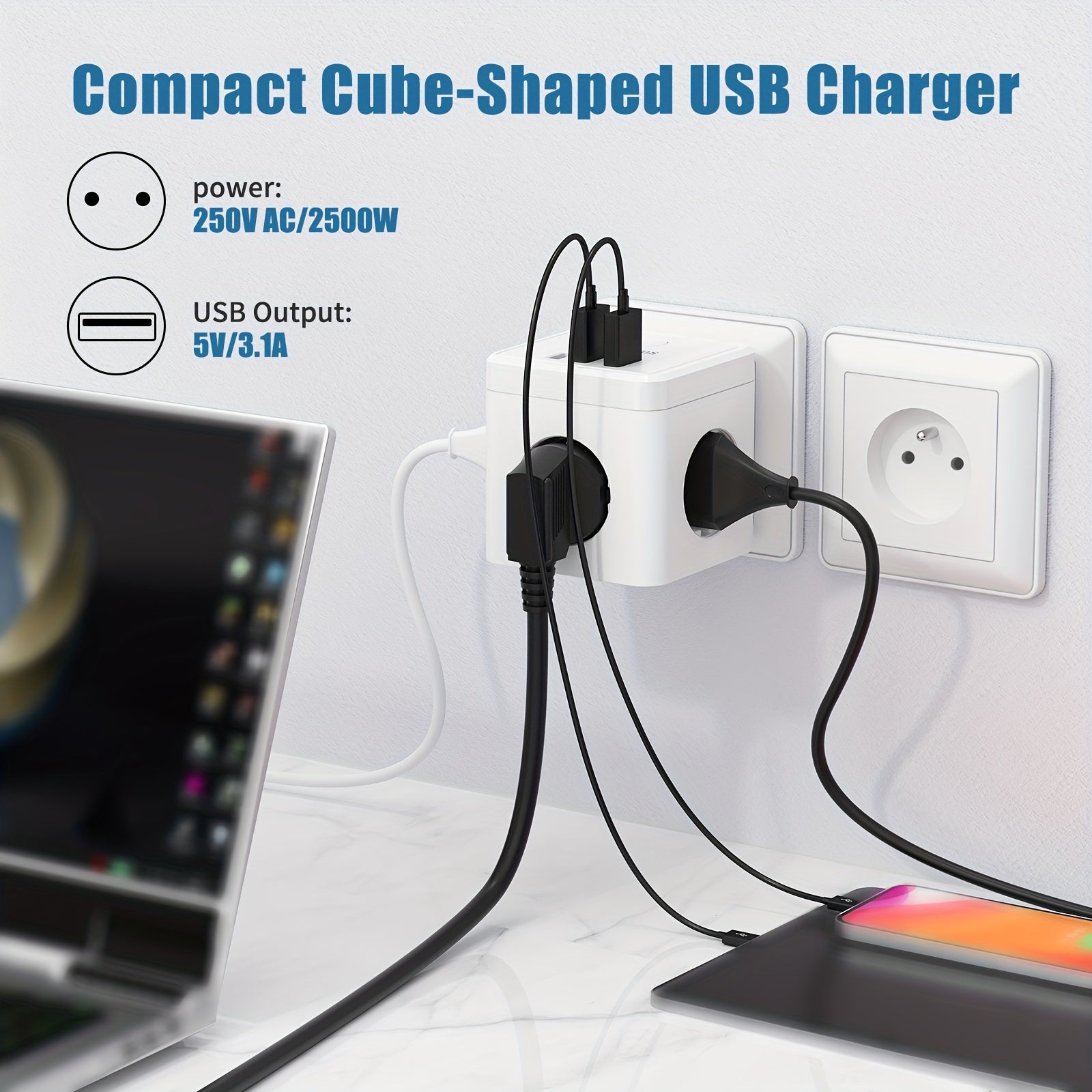 6-in-1 Power Strip Cube Outlet with 3 USB Ports Surge Protection 2500W for Home Office Travel