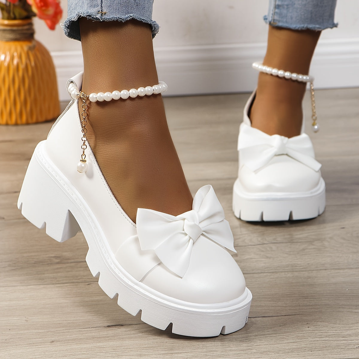 Women's Faux Pearl Bow Decor Loafers with Chunky Heels and Platform