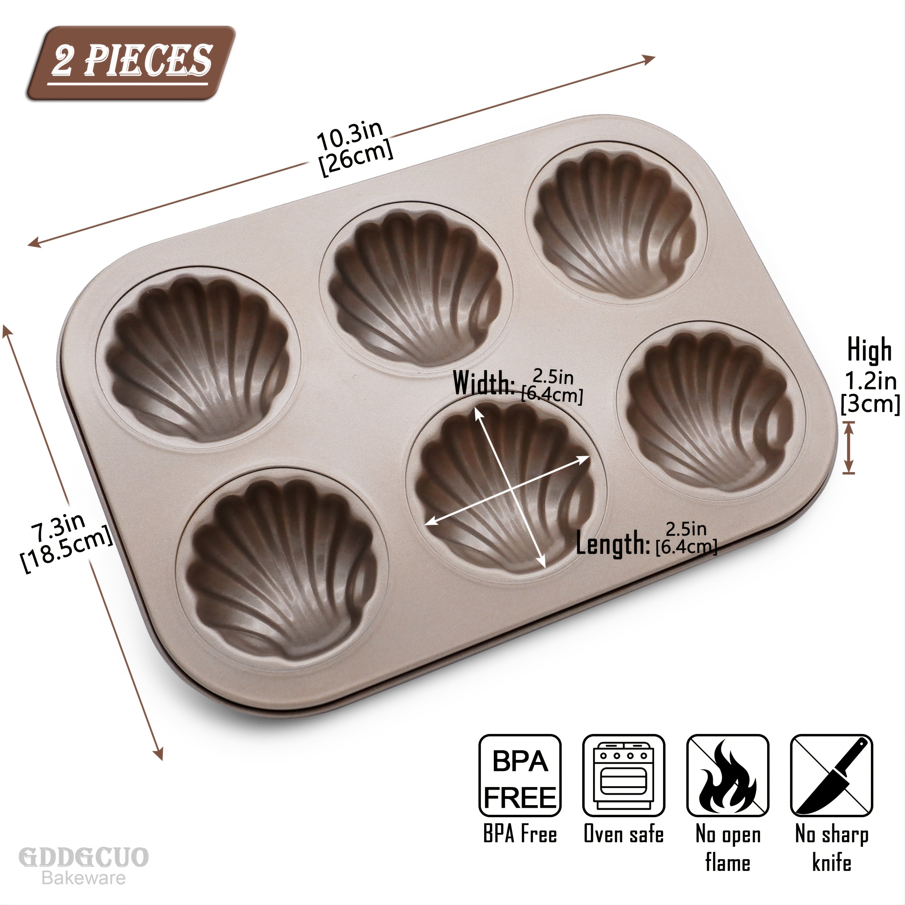 Non-Stick Madeleine Pans 6-Cavity Shell-Shaped Baking Pan Oven Safe Golden
