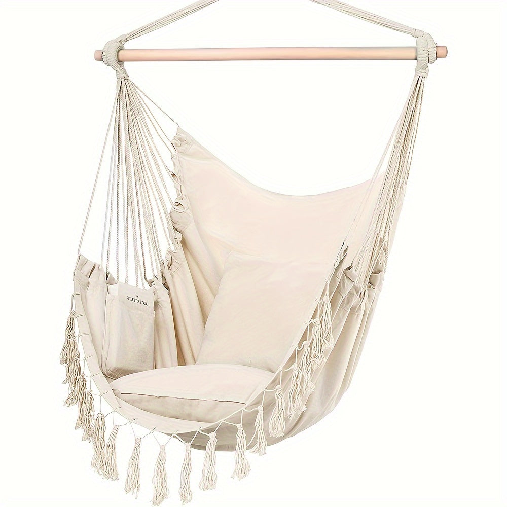 White Canvas Hammock with Tassels and Cushions for Indoor Outdoor Use Supports Up to 226.8 KG