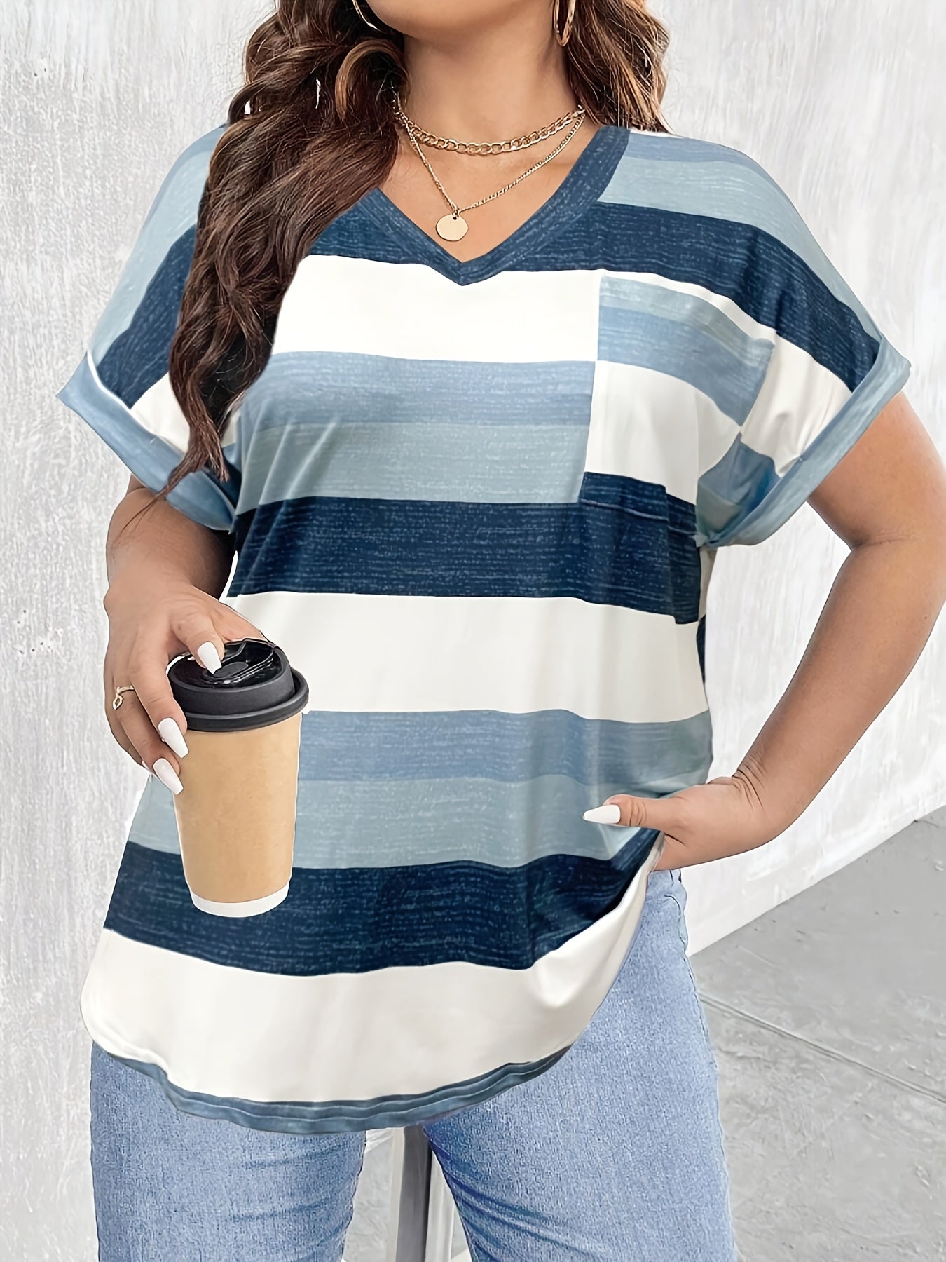Plus Size Women's Striped V-Neck T-Shirt Casual Short Sleeve Top Light Blue White
