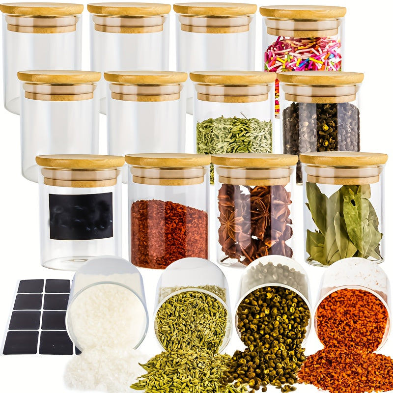 12-Piece Glass Spice Jars Set with Bamboo Airtight Lids Labels 8.5 Oz Kitchen Storage