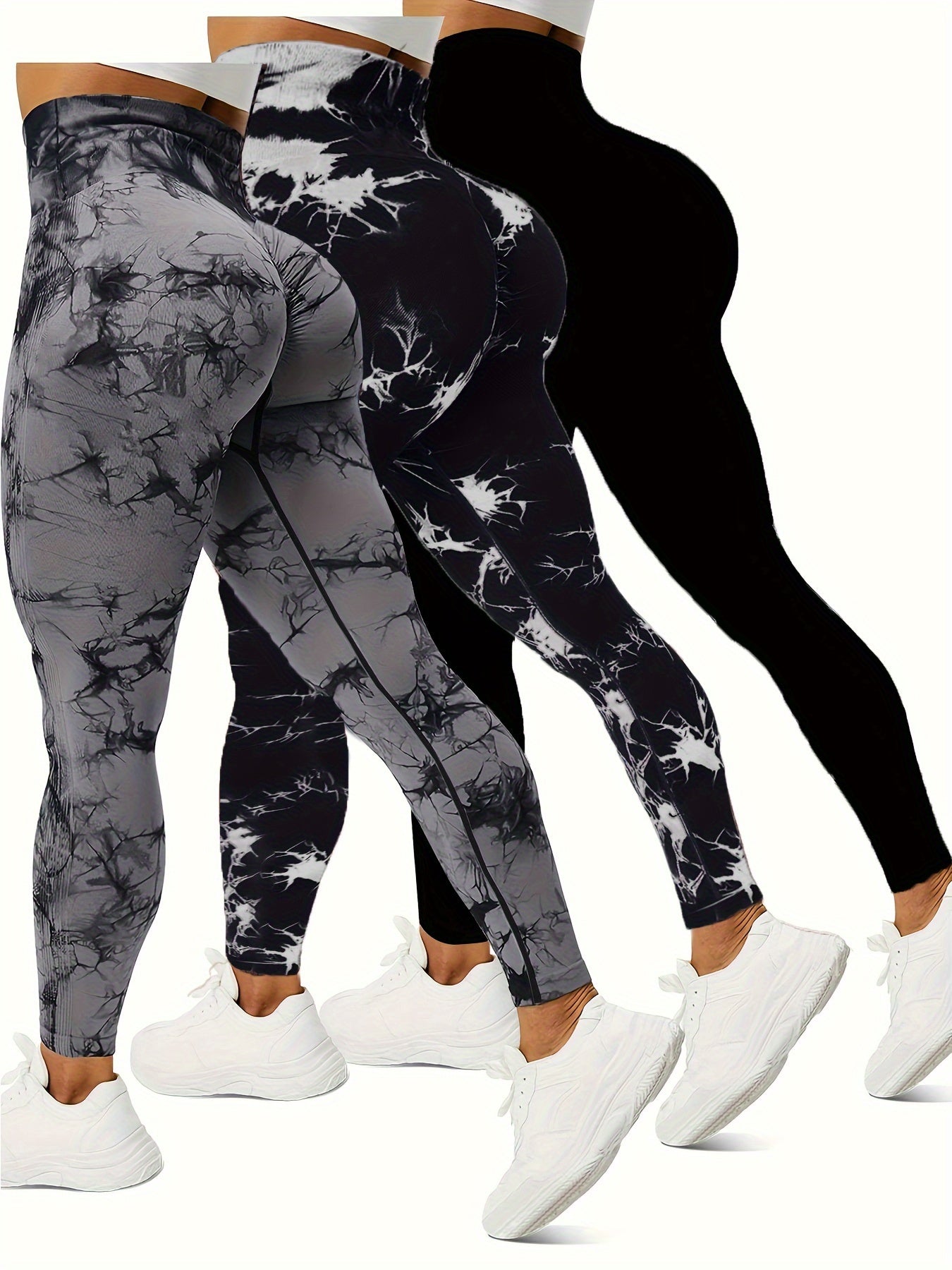 Plus Size High Waist Yoga Pants 3-Pack Polyamide Stretch Tie Dye Leggings