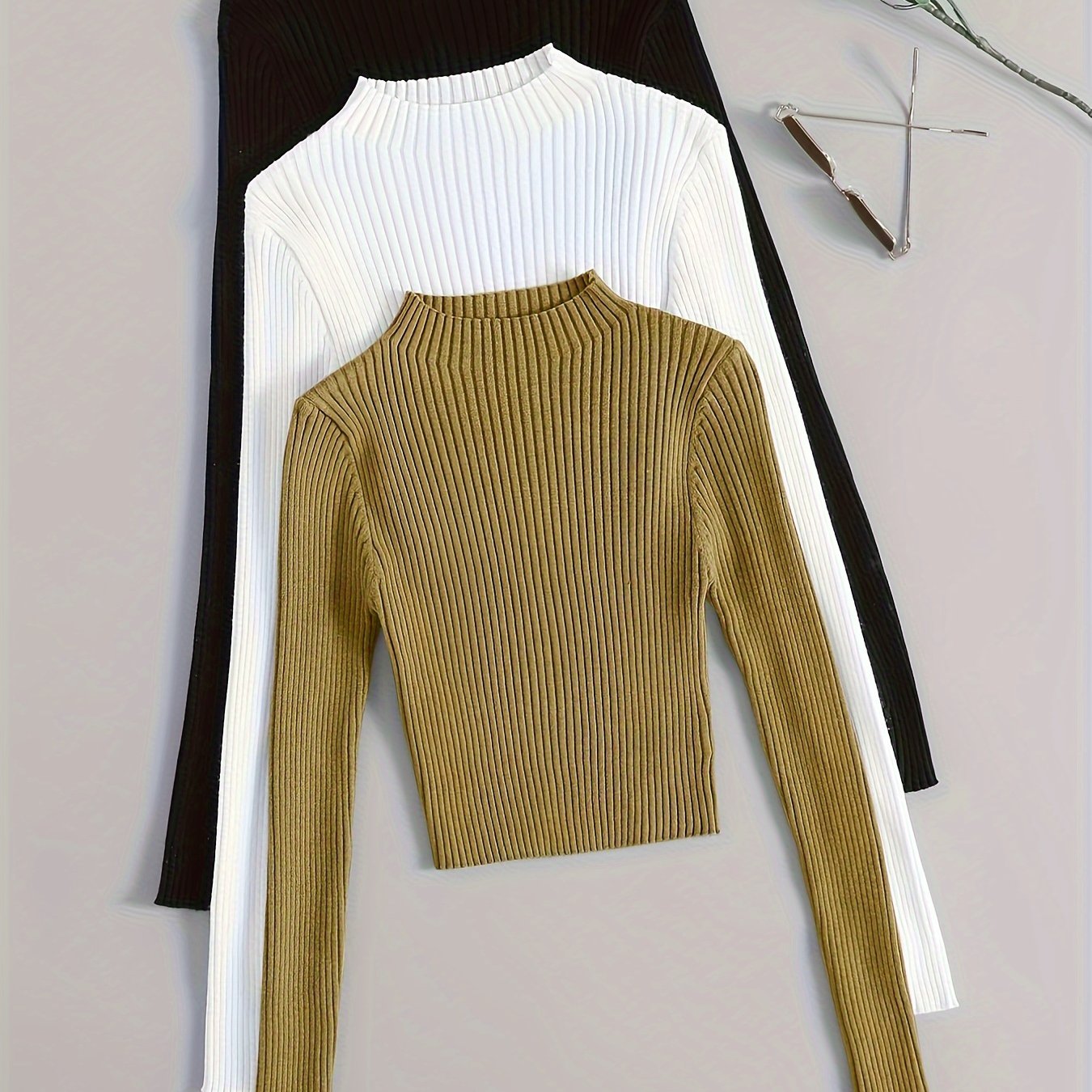 Camisetas de punto de canalé de color sólido para mujer, pack de 3, cuello alto, otoño e invierno, ajuste ajustado, suéteres casuales