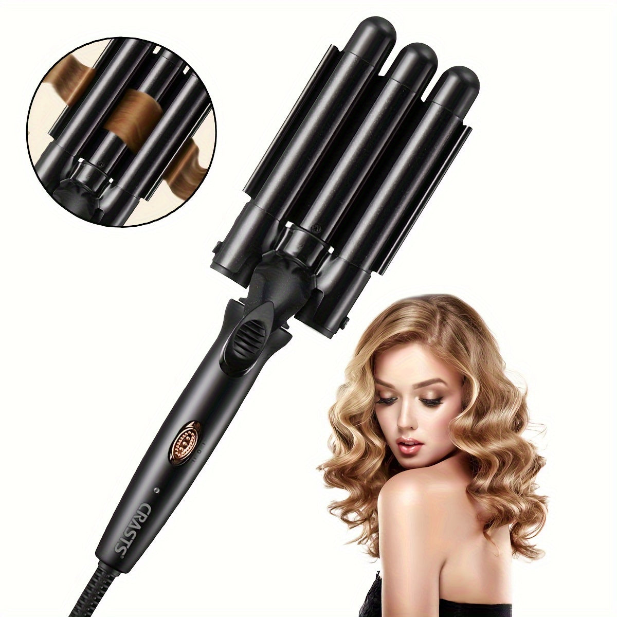 Unisex Electric Curling Iron 25mm Three-Barrel Water Wave Texture Temperature Control Black