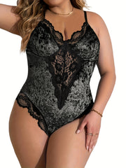 Боди из голубого бархата больших размеров с кружевом и боковой молнией для женщин