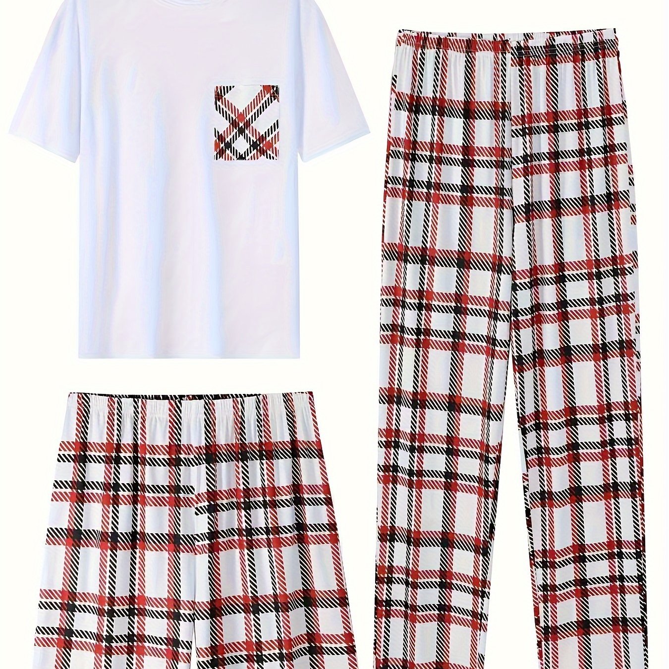 3-Piece Plaid Pajama Set Short Sleeve Crew Neck Top with Pocket Medium Stretch Polyester All-Season Comfort