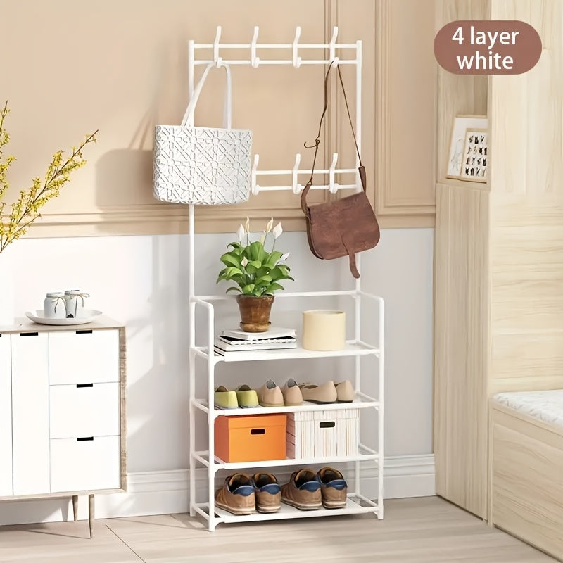 Contemporary Metal Shoe Rack with Hooks, Black or White, Easy Assembly