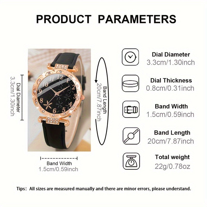 Women's Quartz Watch Set with Rhinestone Flower Detail and Jewelry Gift Set