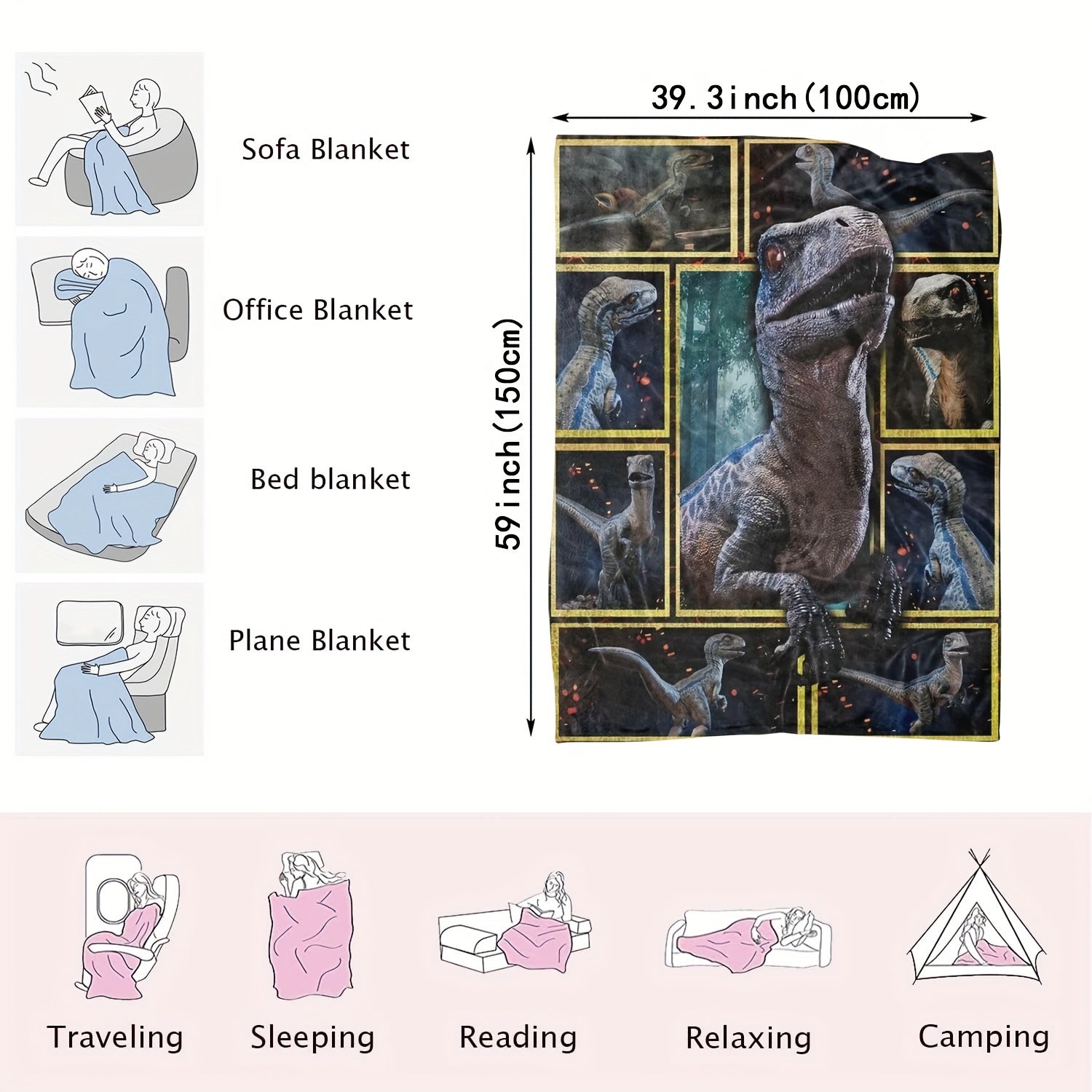 Plush Throw Blanket Geometric Dinosaur Pattern Polyester All-Season