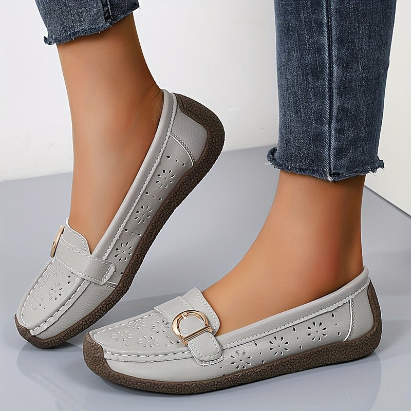 Women's White Slip-On Loafers with Ventilation Holes, Gold Buckle, Soft TPR Sole