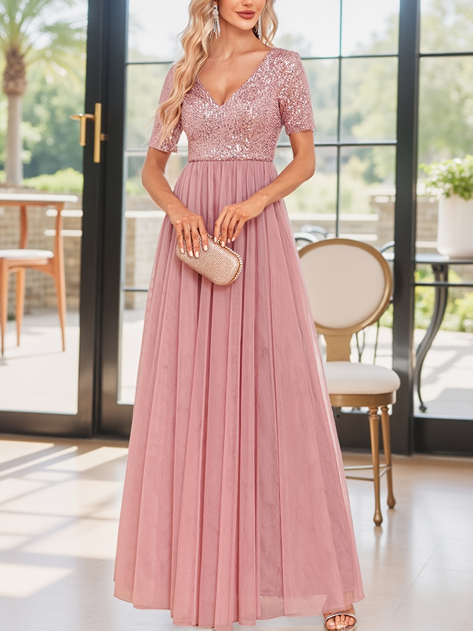 Plus Size Sequin Mesh Evening Gown V-Neck A-Line Party Dress