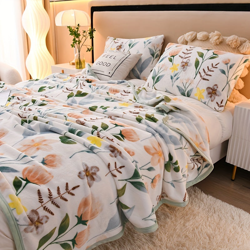 Manta de felpa de visón de doble cara con diseño de hojas florales azules para sofá, cama y viajes