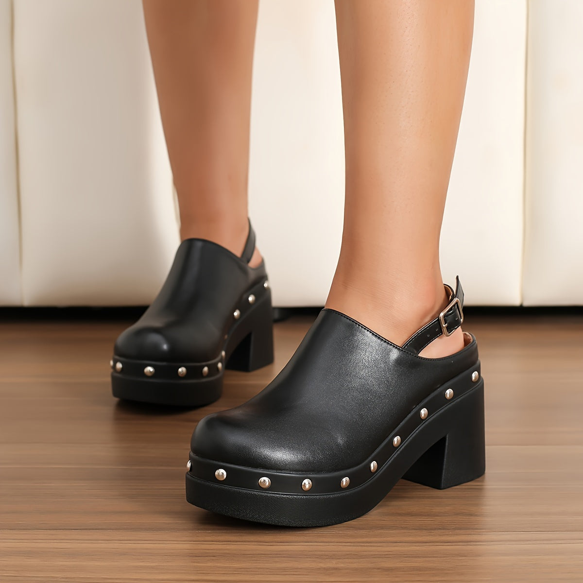 Women's Chunky Platform Sandals Synthetic Closed-Back Studded Black All-Season