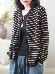 Women's Casual Striped Sweater Retro Cardigan Fall Spring Loose Outerwear