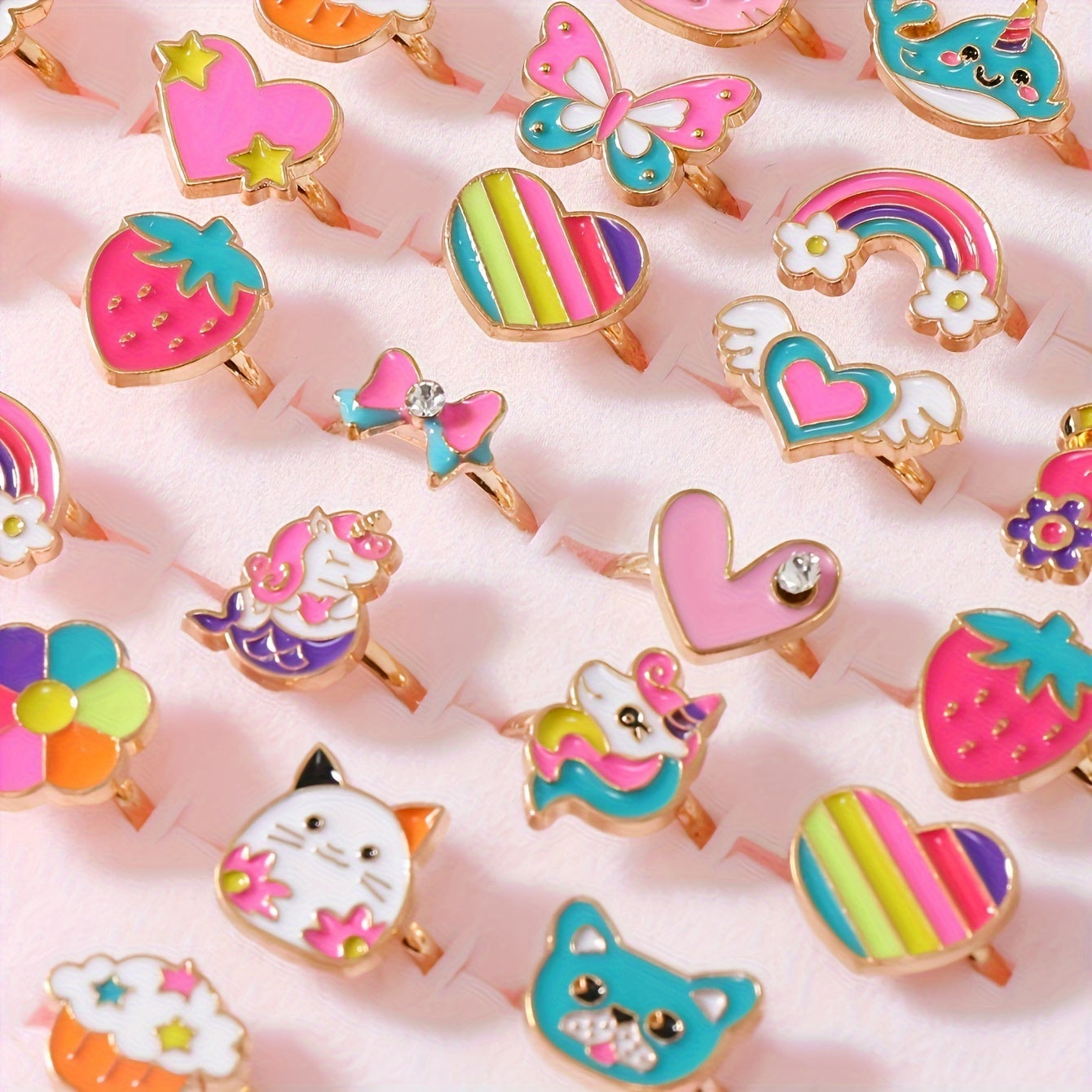 Qizlar uchun 36 ta sozlanadigan malika mavzusidagi halqalar, aralash rangli emal dizayni, rux qotishmasidan tayyorlangan.