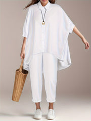 Chic ayollar uchun ikki qismli to'plam: bir rangli ko'ylak va harem shimlar - nafas oladigan polyester, mashinada yuvish mumkin.