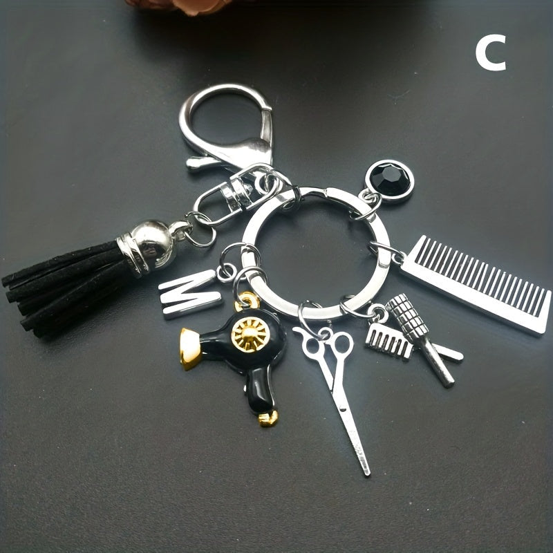 Vintage Jewelry Hair Stylist Gift Keychain with Mini Barber Scissors and Hair Dryer Comb