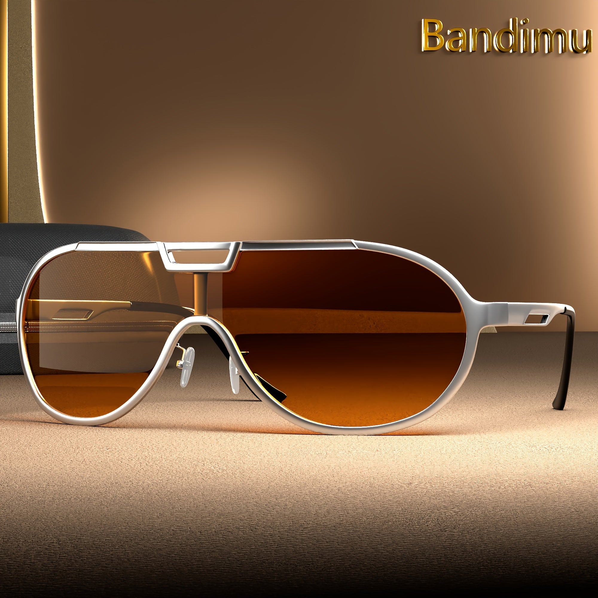 Tashqarida velosiped va ko'chalar uslubiga mo'ljallangan katta o'lchamli oltin ramkali quyosh ko'zoynaklari, himoya qutisi bilan