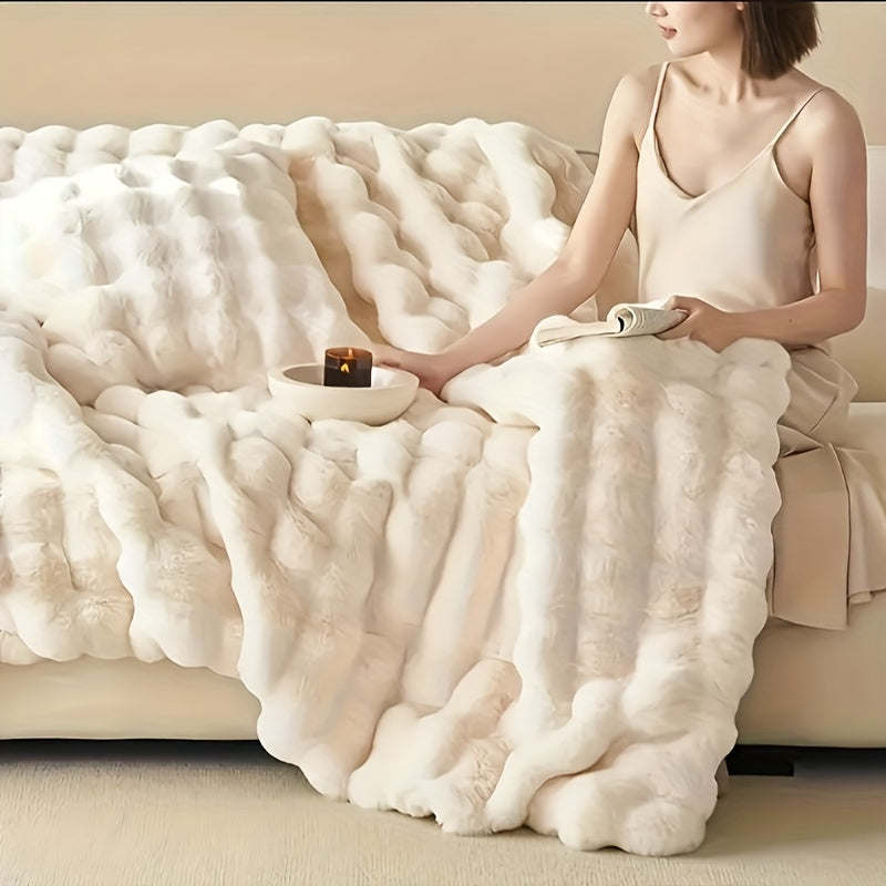 Plush Reversible Bubble Fleece Throw Blanket for Sofa Bed Travel White