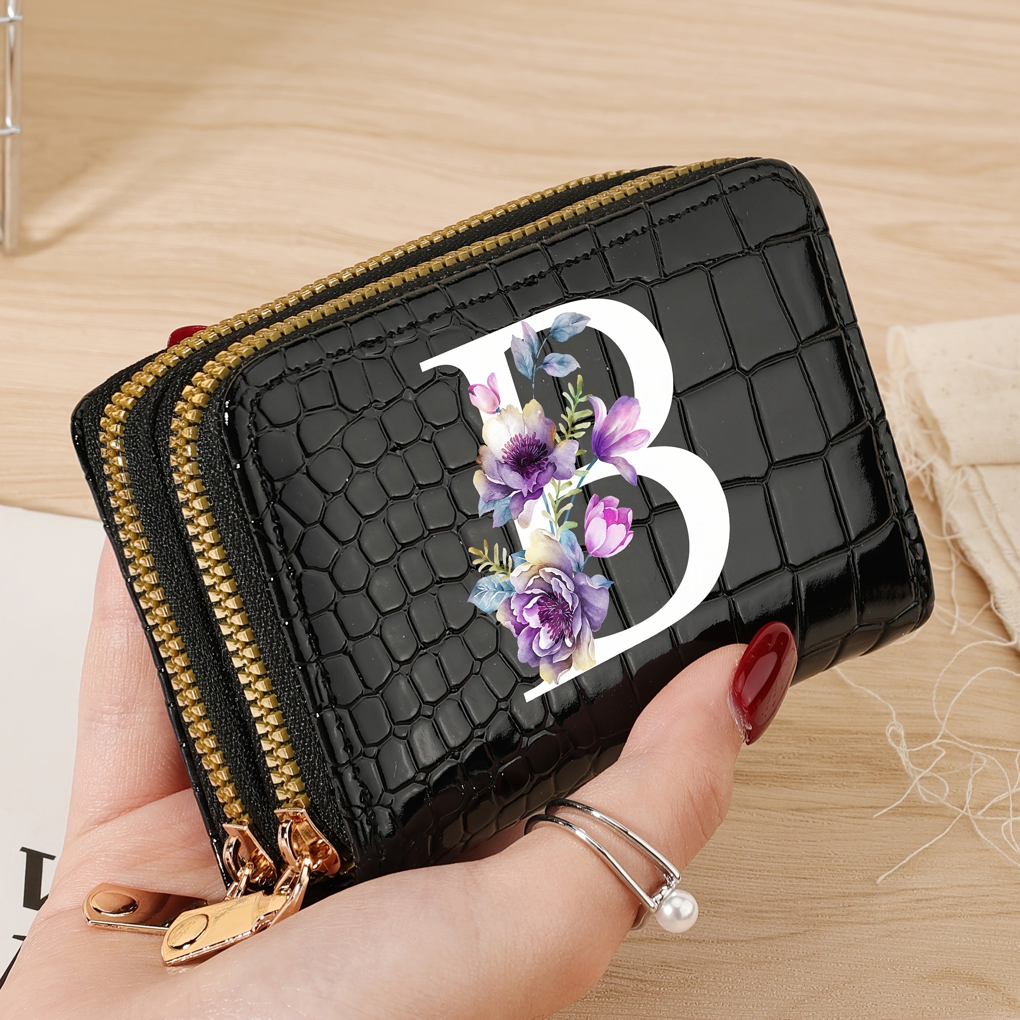 Minimalist Floral Credit Card Holder with Zipper Coin Purse for School and Back-to-School Supplies