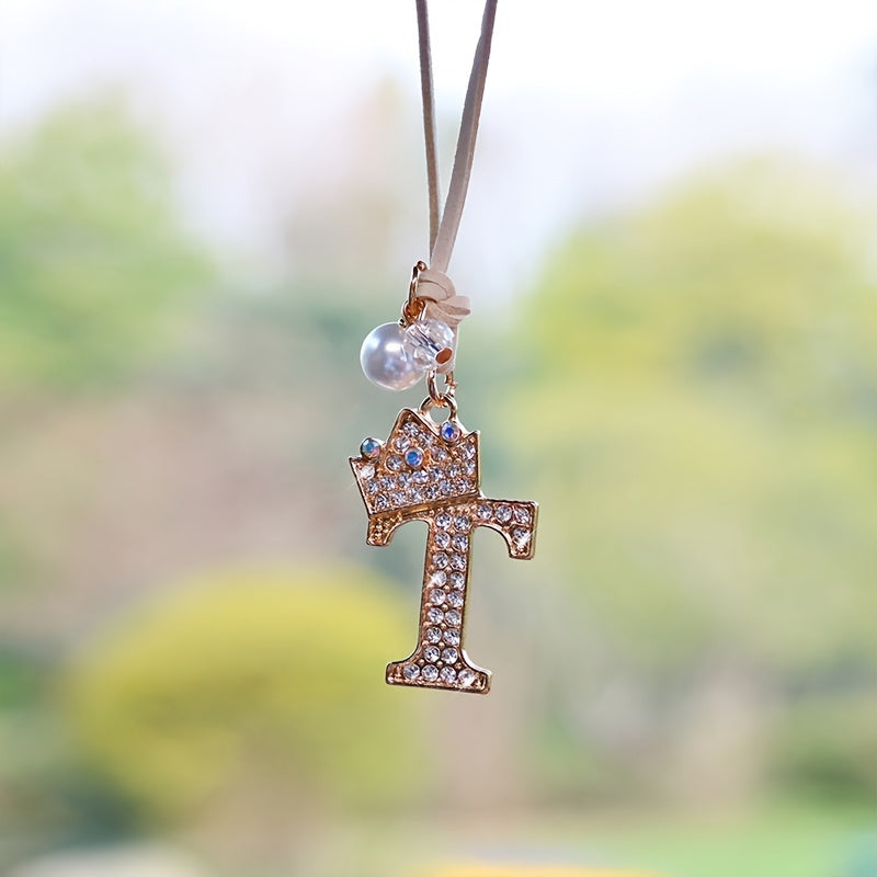 Alphabet Car Mirror Charm Set with Sparkling Crown Pendants for Vehicle Decoration