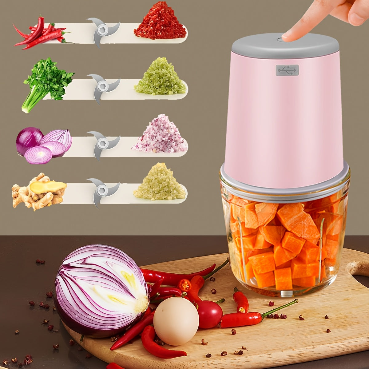 Procesador de alimentos de 600ml con carga USB, batería recargable de 1500mAh, picadora multifuncional para verduras, carne, frutos secos y hierbas