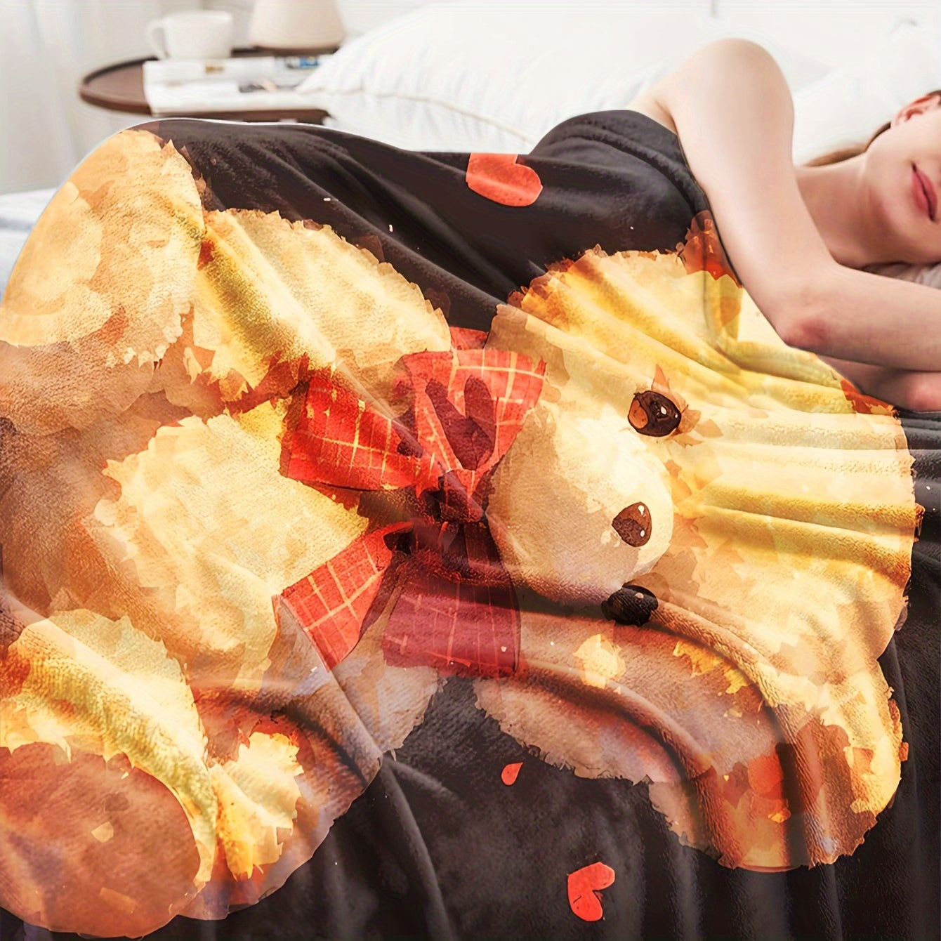 Digital Print Teddy Bear Flannel Throw Blanket Cozy All-Season Cover Brown Love Hearts