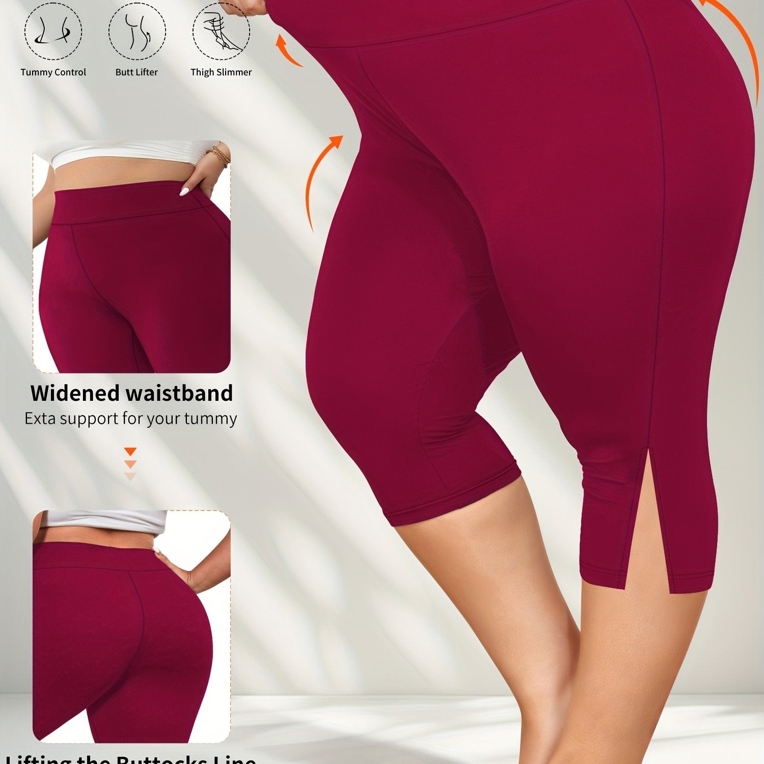 Plus Size Women's Flat Waist 7-Pocket Leggings with Side Slits for Spring Summer